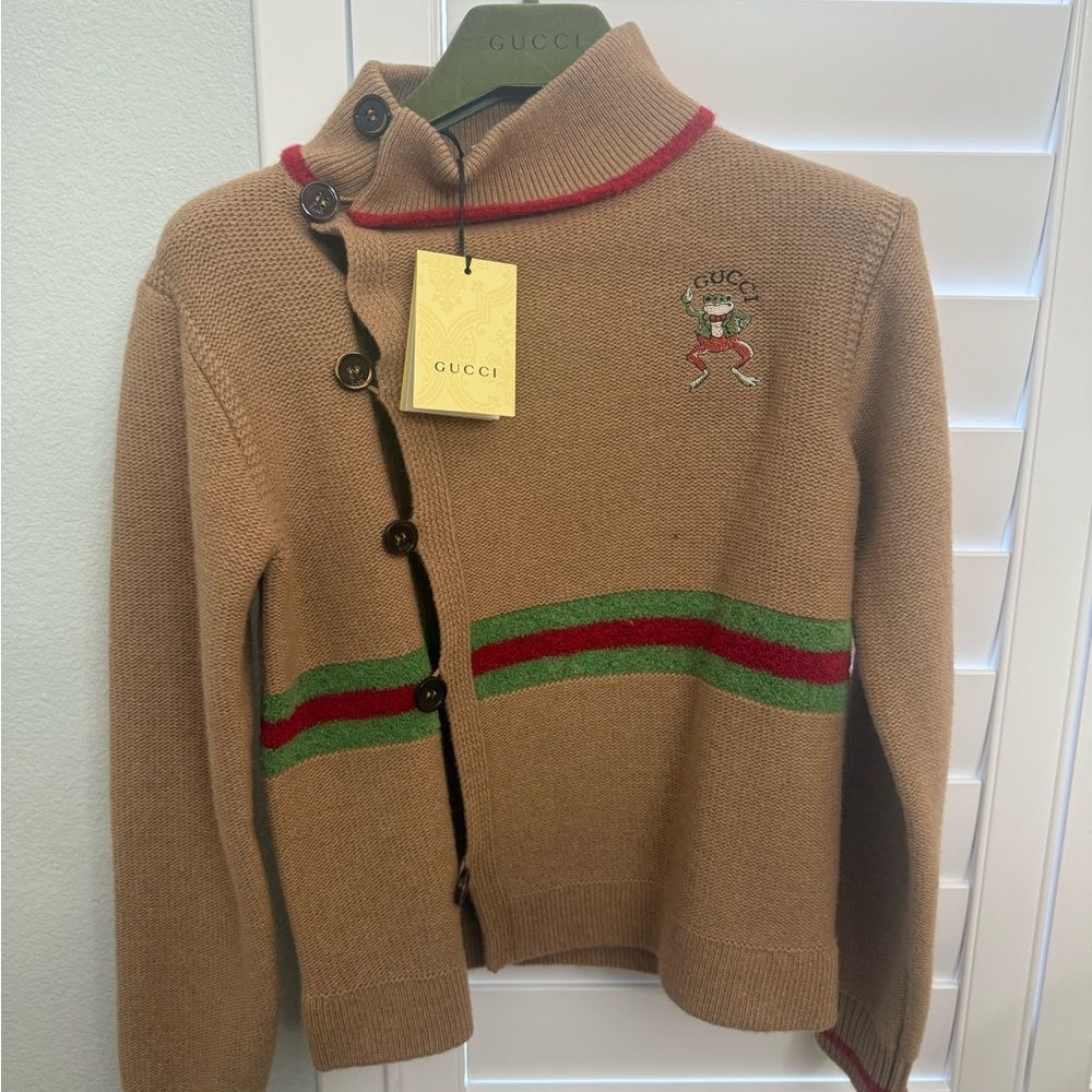 Brand new Gucci Kids tan sweater   with Red and Green Stripes fits women’s xs